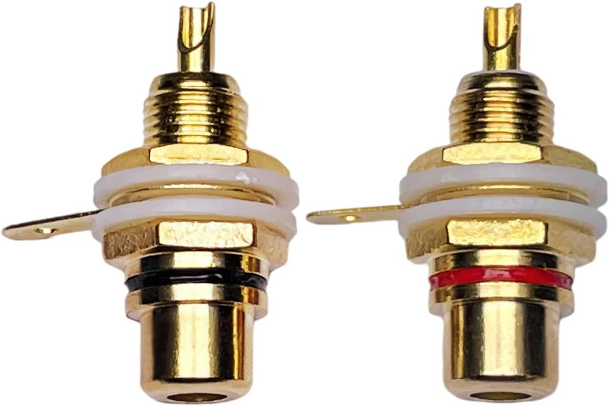 Gold-plated panel-mount audio socket jack with red and black terminals, two-pack