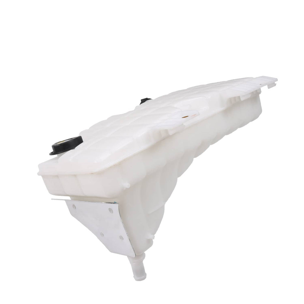 Coolant recovery reservoir tank bottle with top outlet and black clip, white plastic