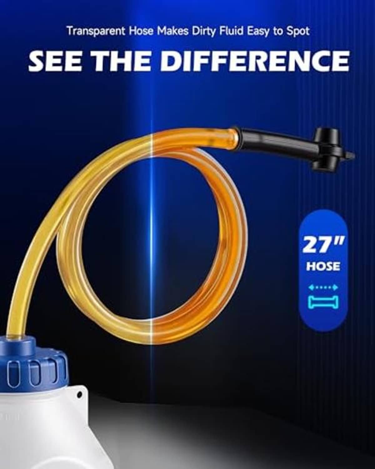 Brake bleeder kit with clear 27 in hose and black connector, plus blue-cap bottle