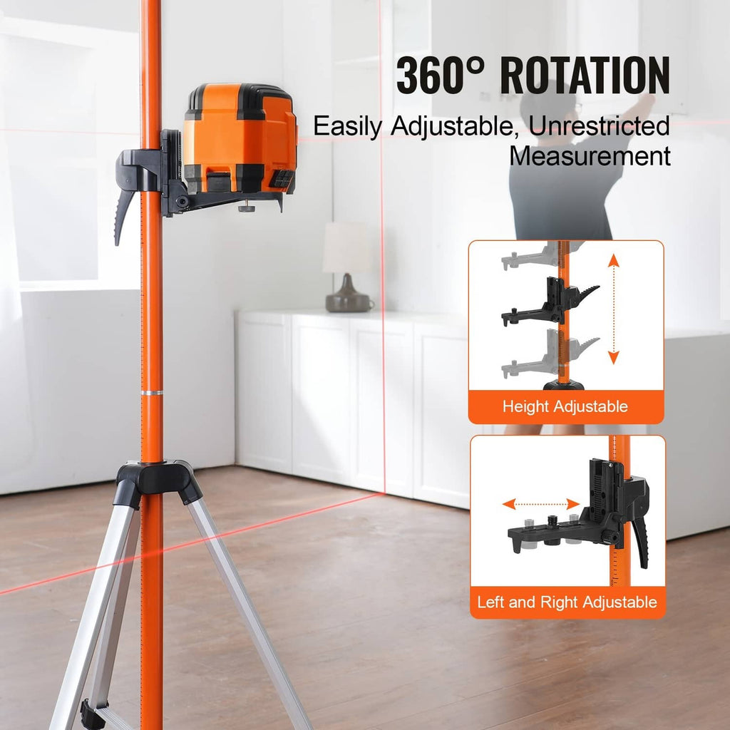 Laser level tripod with orange column, black rotating head, and silver legs