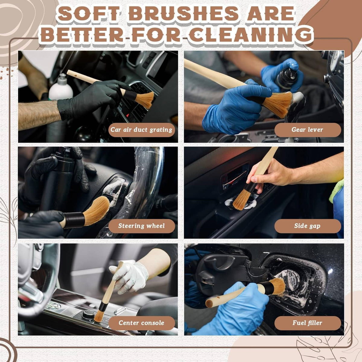 Car parts cleaning brush set with soft bristles on beige handles