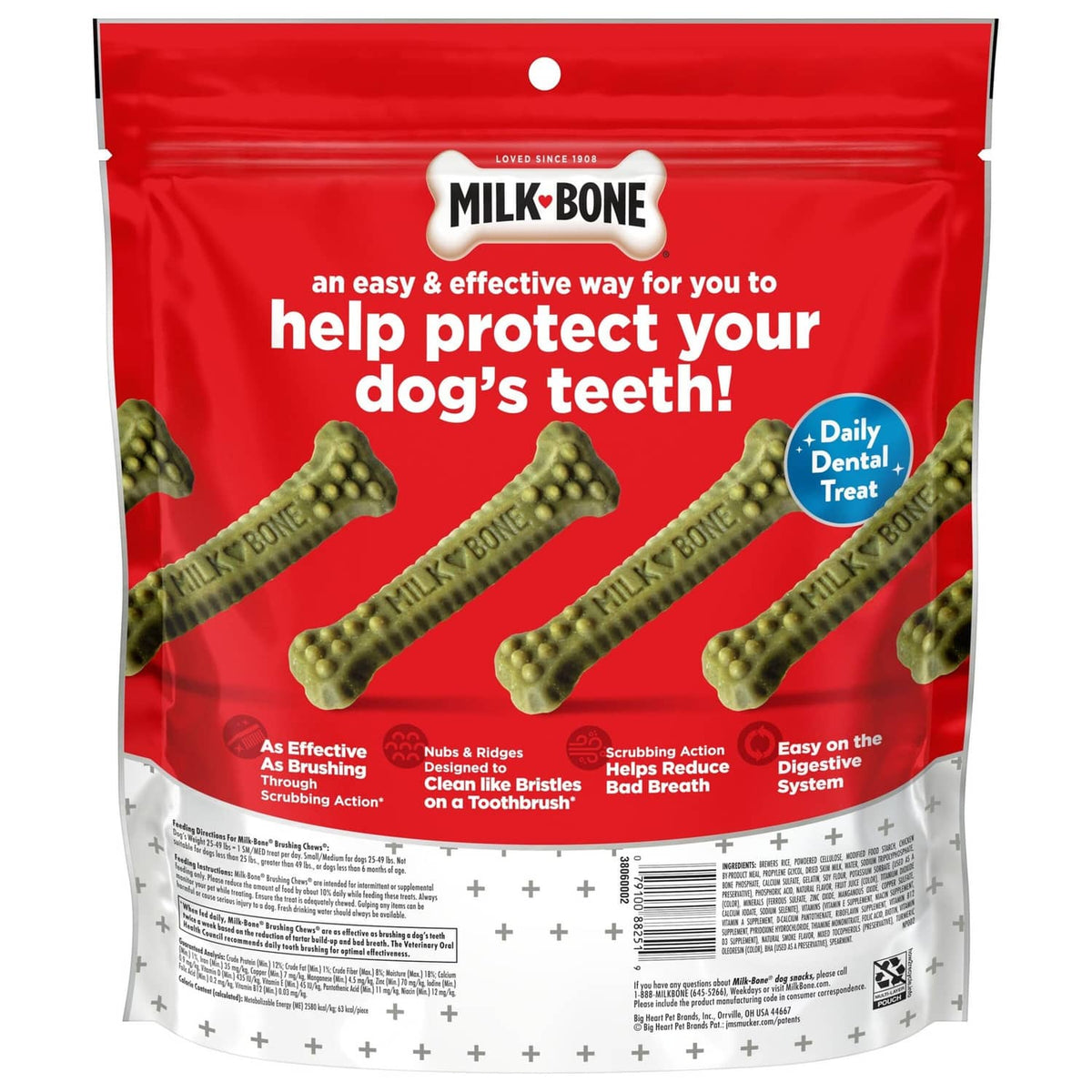 Back of red bag showing multiple bone-shaped dental chew icons