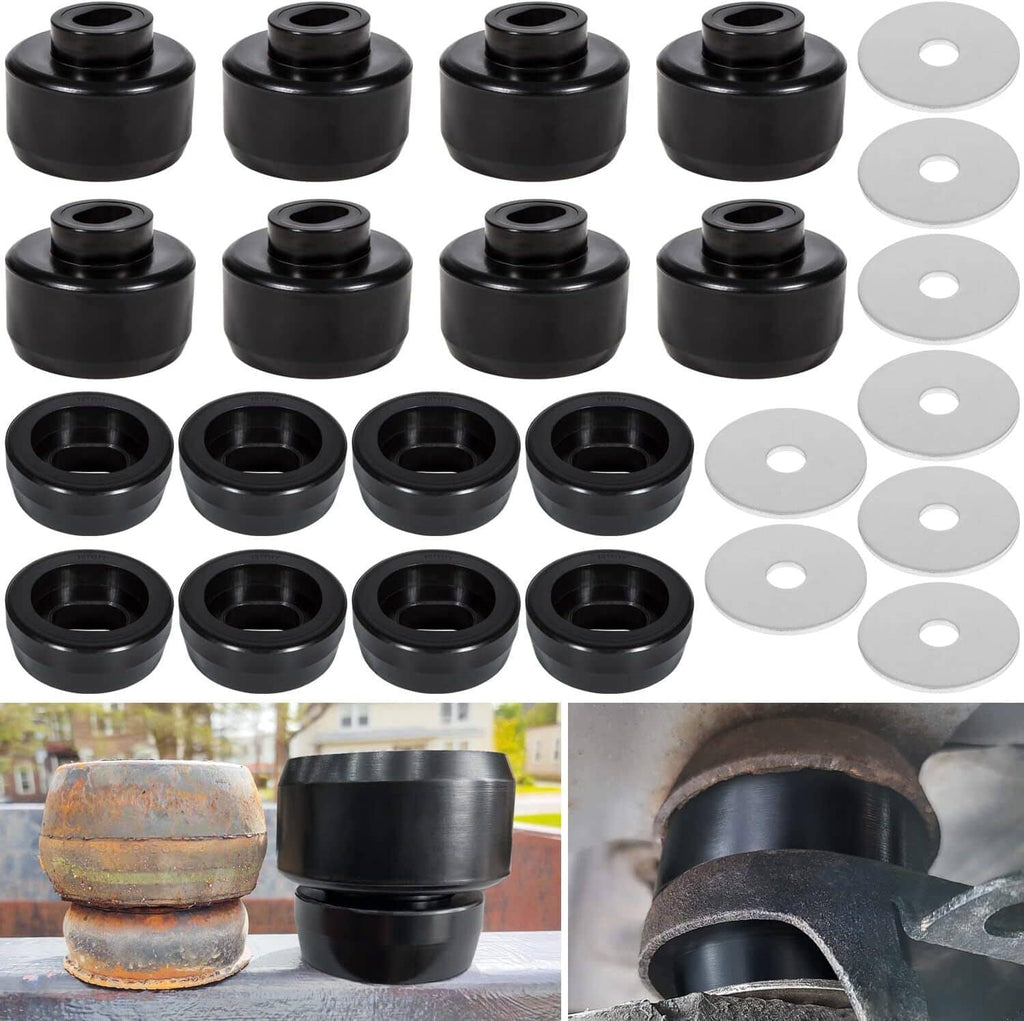Black cab mount bushings with gray washers, all with central openings