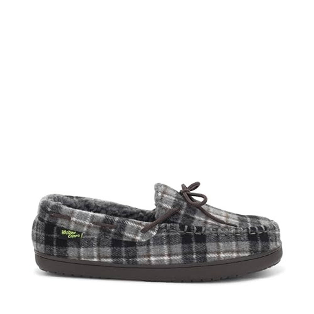 Grey plaid moccasin slippers with faux-fur lining and lace tie on top