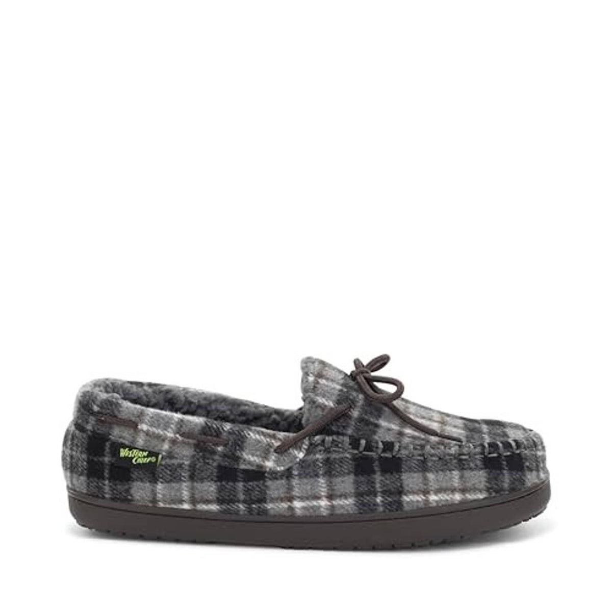 Grey plaid moccasin slippers with faux-fur lining and lace tie on top