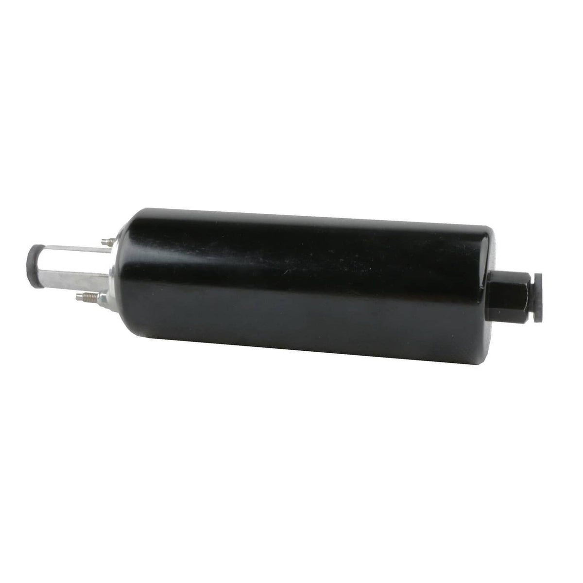 Black inline fuel pump with metal inlet/outlet fittings on end cap