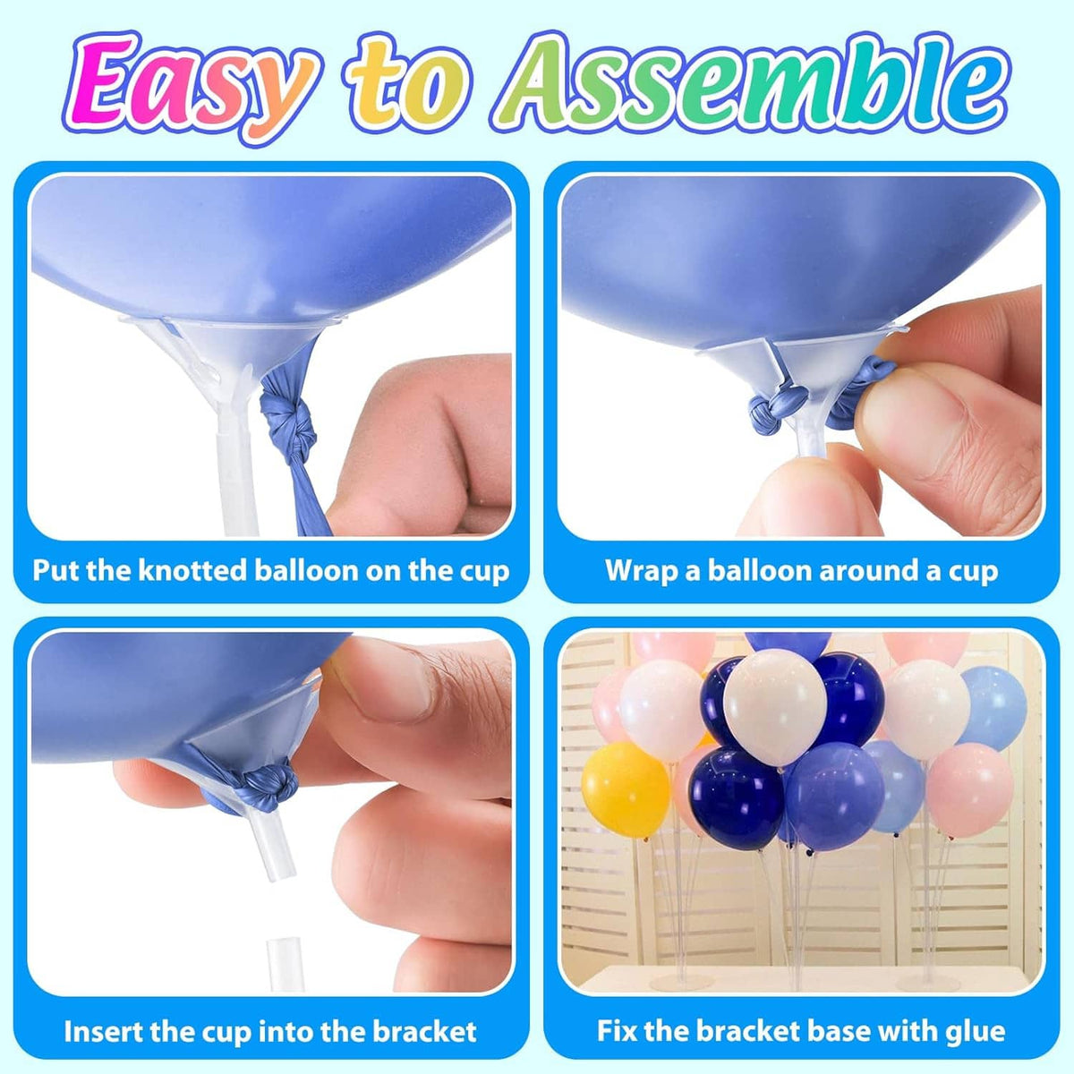 Balloon stand cup-style holder attaches to bracket base using a balloon cup