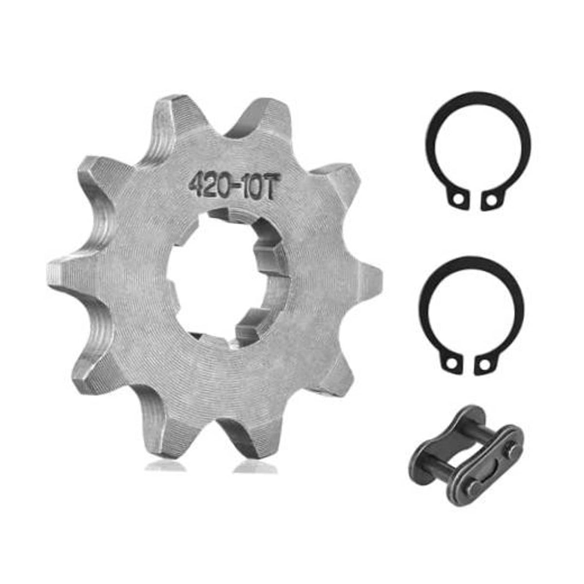 Silver front roller chain sprocket with two retaining rings and chain master link
