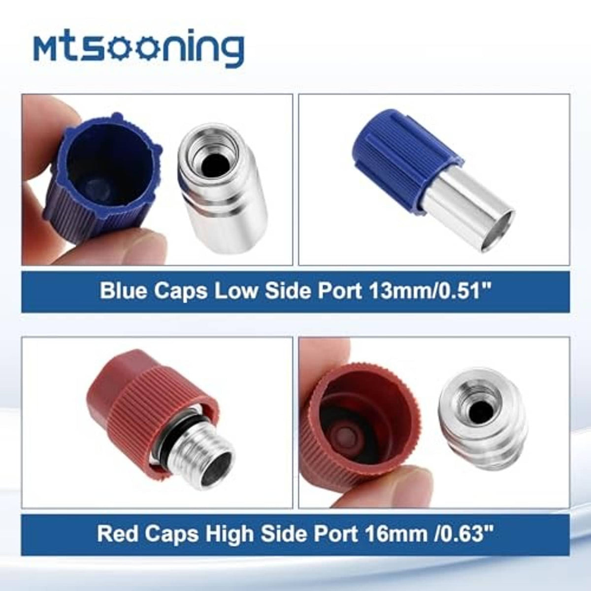 Blue and red low-/high-side service port seal caps with valve core remover components