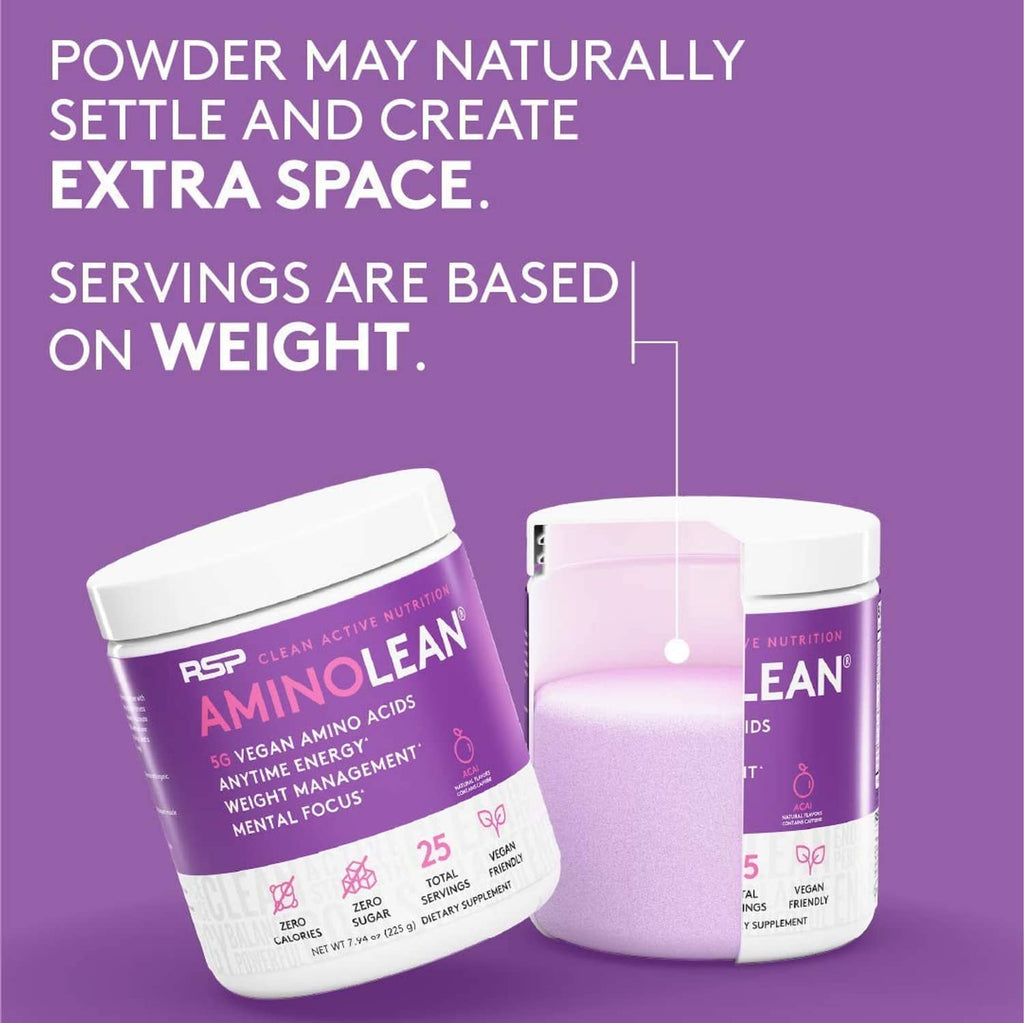 AminoLean powder jar pair, packaging graphic about settling powder and serving by weight