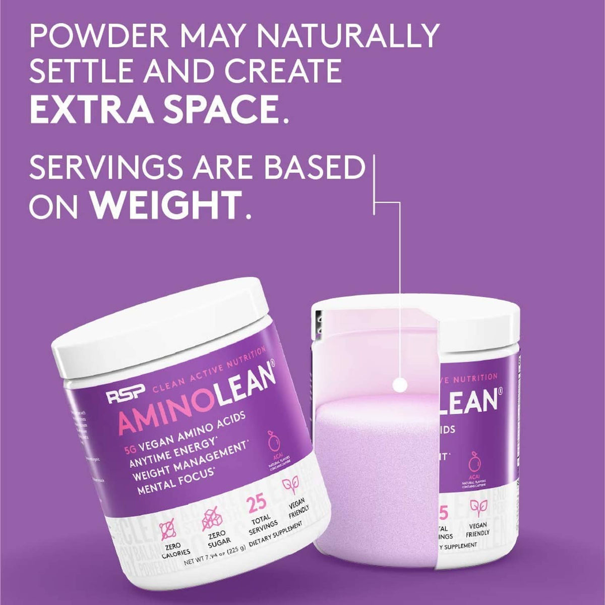 AminoLean powder jar pair, packaging graphic about settling powder and serving by weight