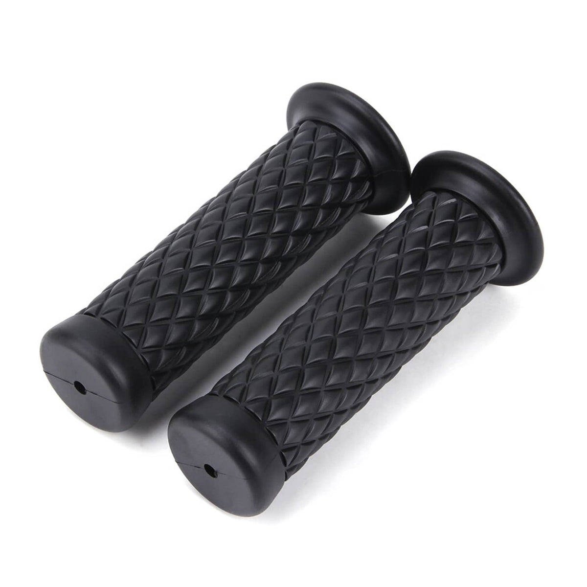 Pair motorcycle hand grips, black diamond texture with rounded end plugs
