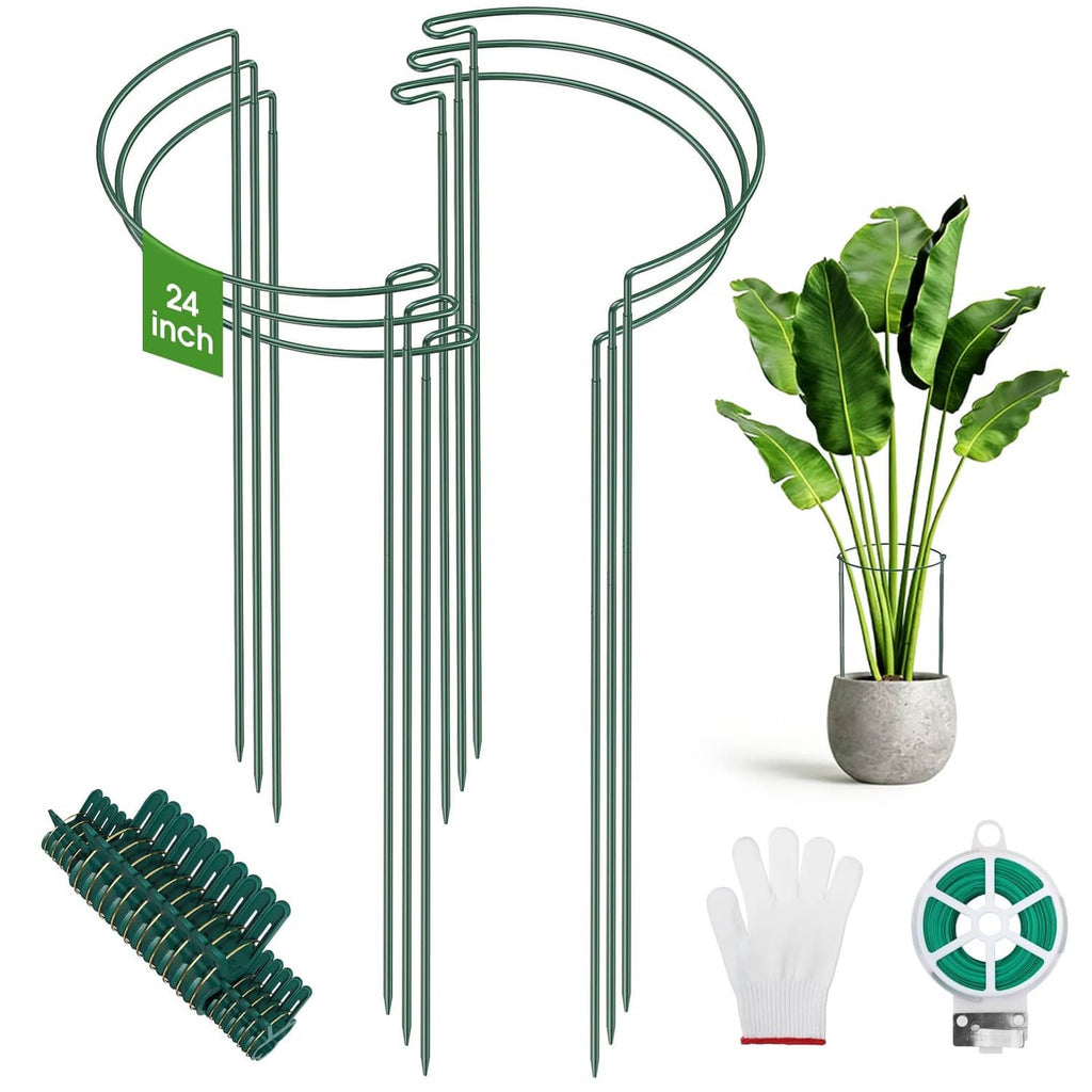 Green metal plant support cages and stakes set with extra support clips