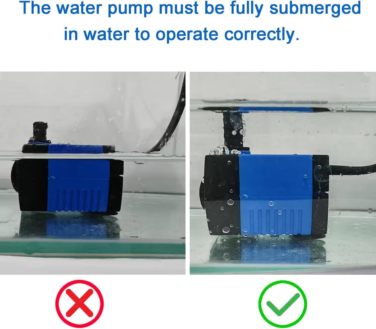 Submersible water pump with blue housing and black power cord, shown submerged in water.