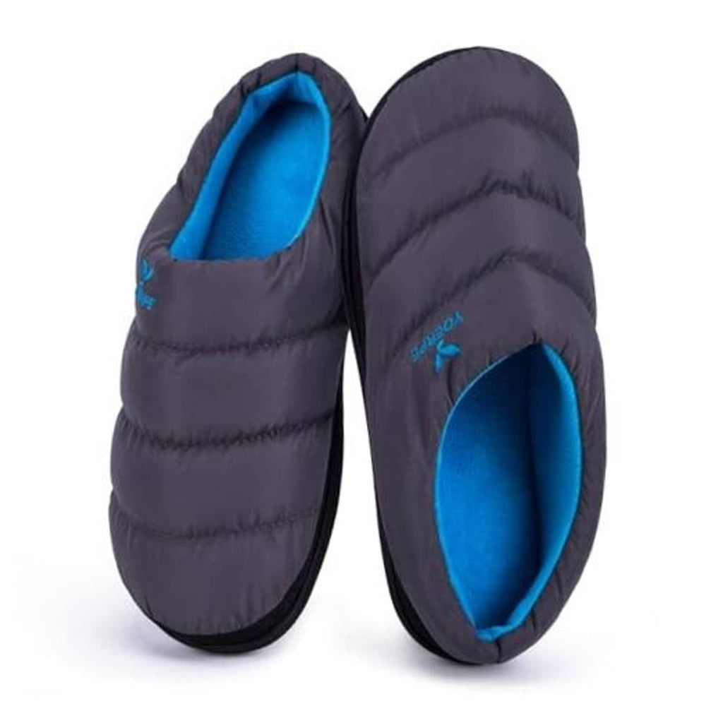 Two-tone padded slip-on slippers with blue lining and dark gray quilted upper