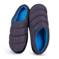 Two-tone padded slip-on slippers with blue lining and dark gray quilted upper