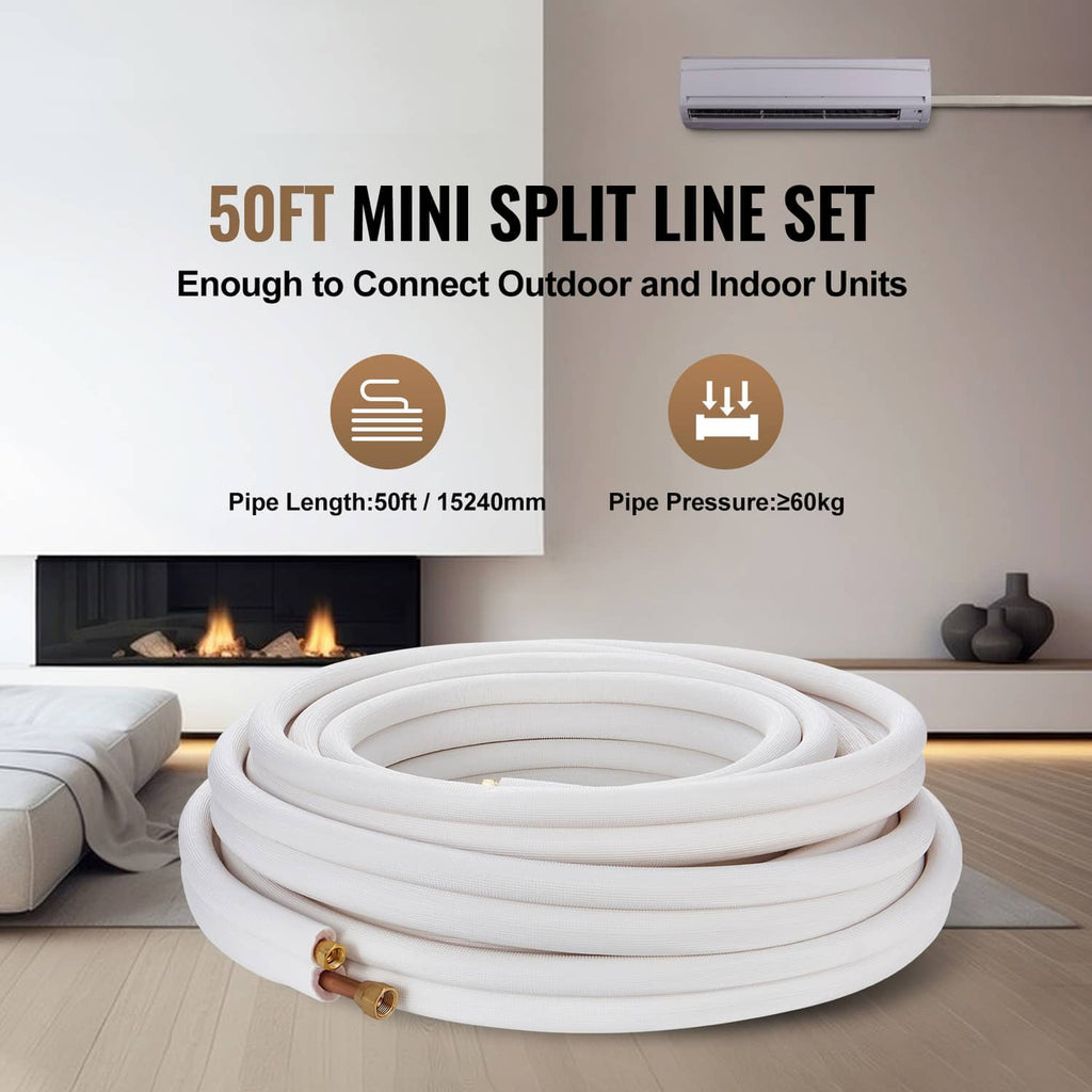 Insulated mini-split copper line set tubing coil with brass connectors, white insulation.