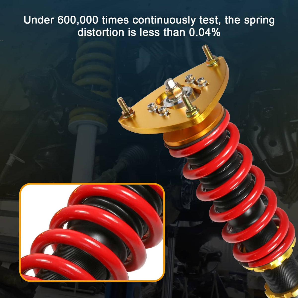 Close-up coilover spring with red coils and gold top mount, black shock body