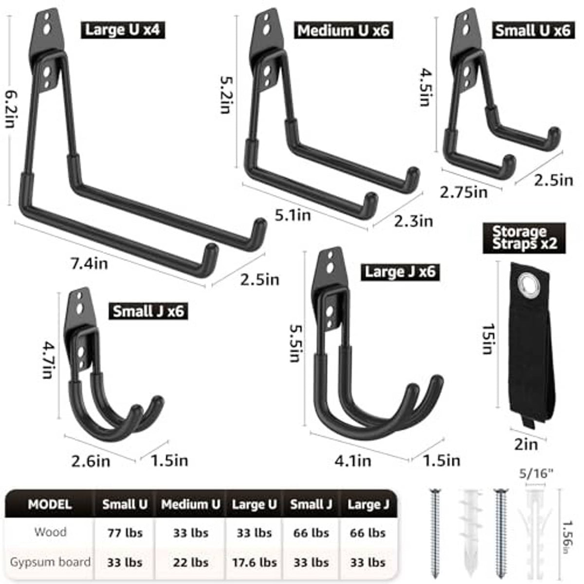 Garage hook size chart showing small, medium, and large U-shaped hook dimensions