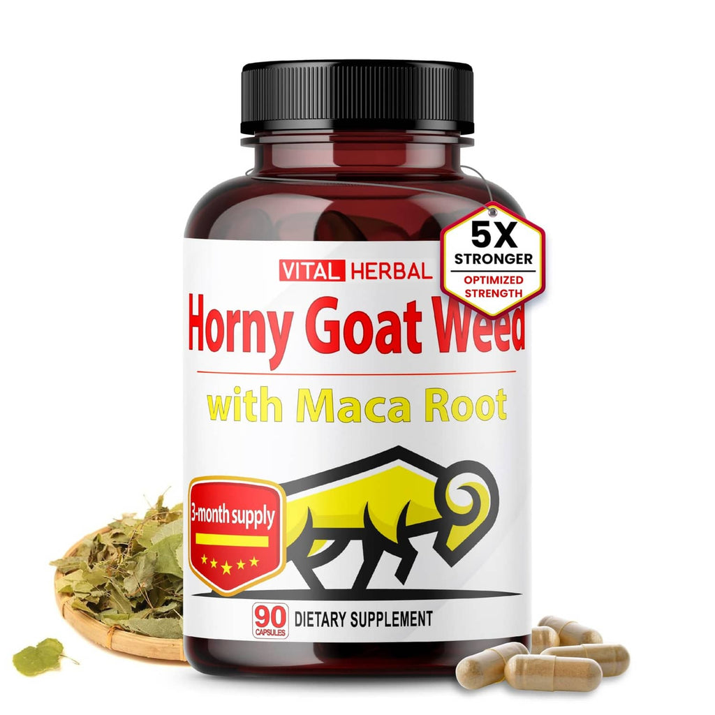 Horny goat weed capsules bottle with maca root label, 90-count dietary supplement