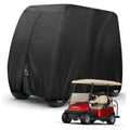 Black heavy-duty golf cart cover fitted over a 4-passenger cart body