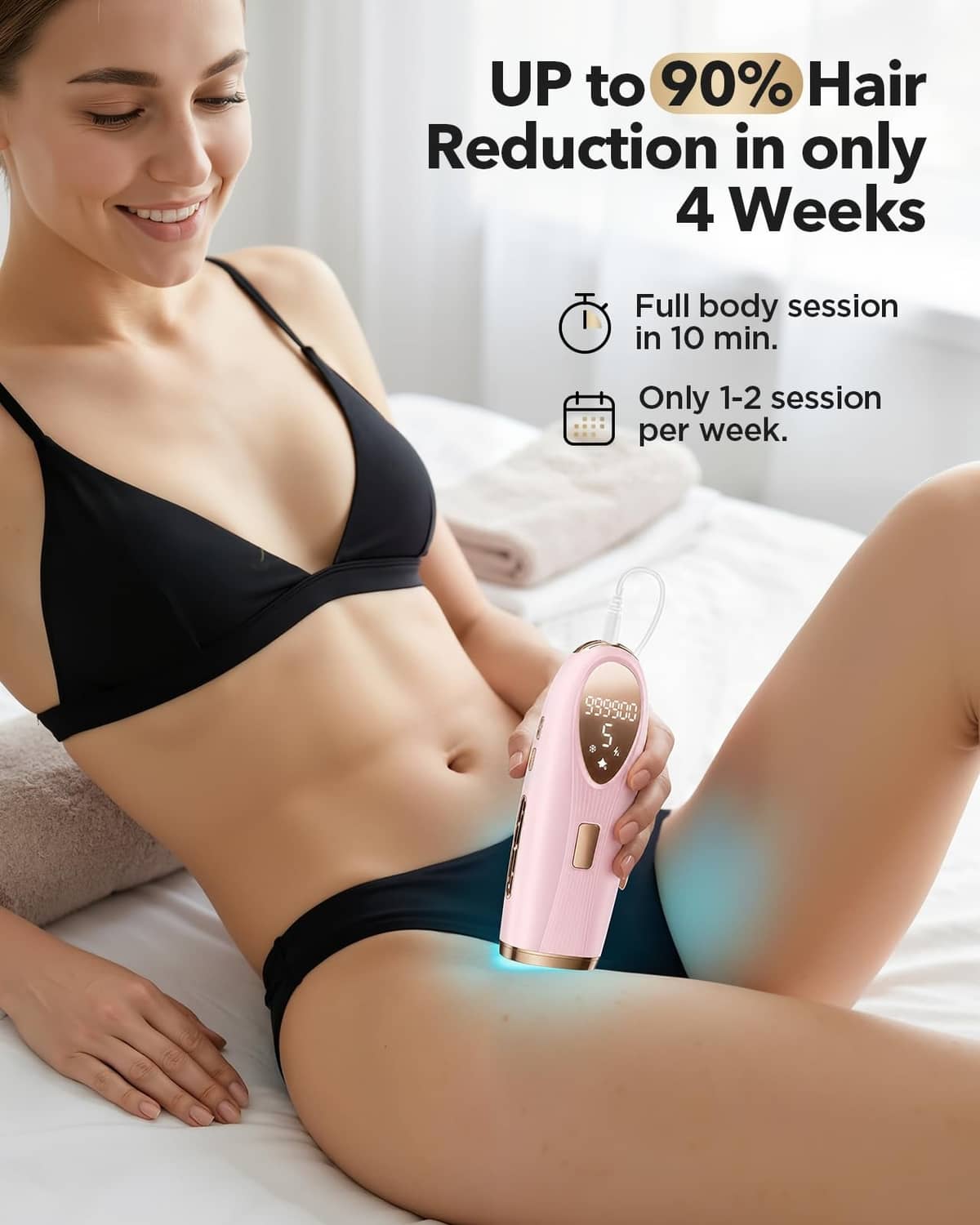 Pink IPL laser hair removal device held upright showing control lights.