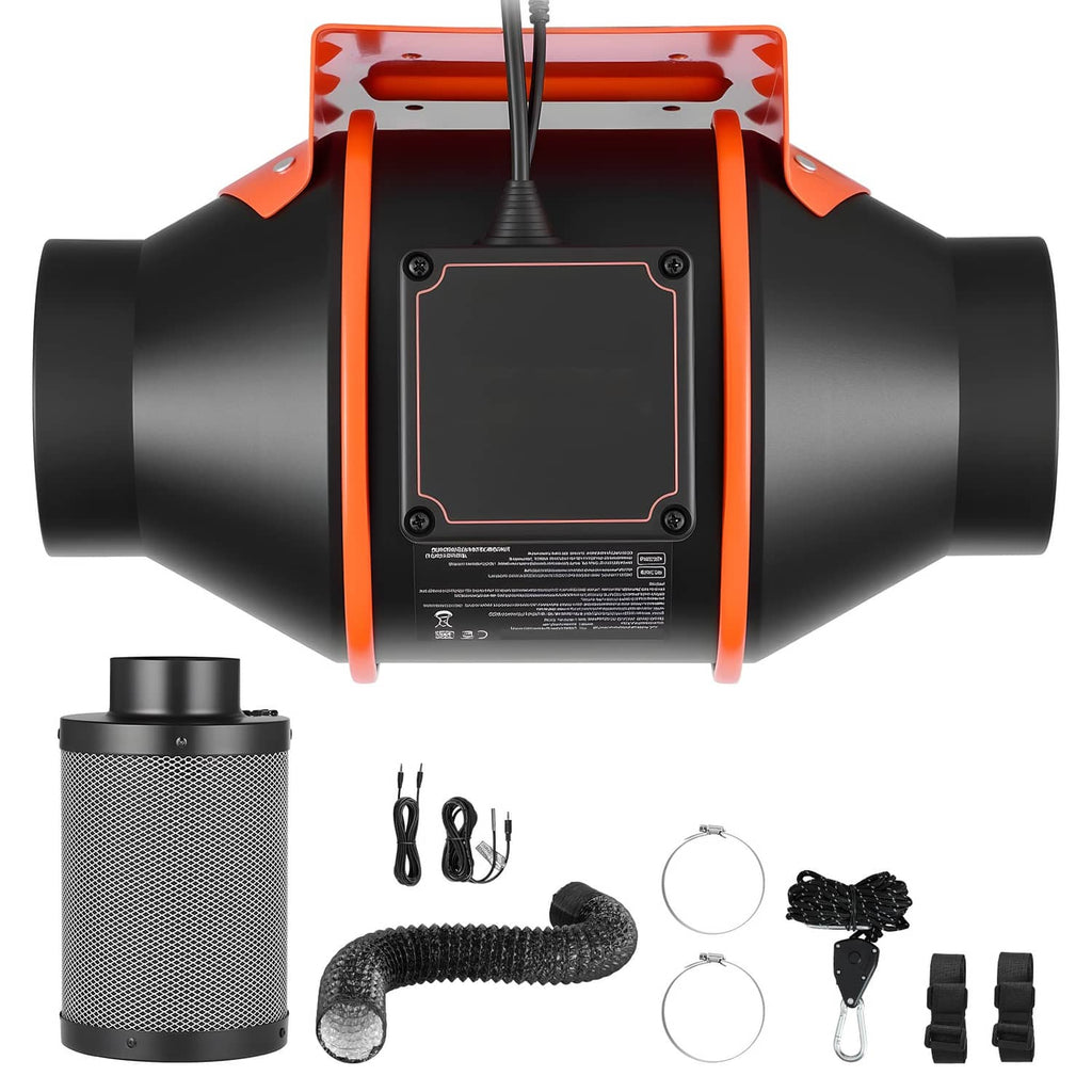Inline duct fan front view with orange accents, plus filter and wiring accessories