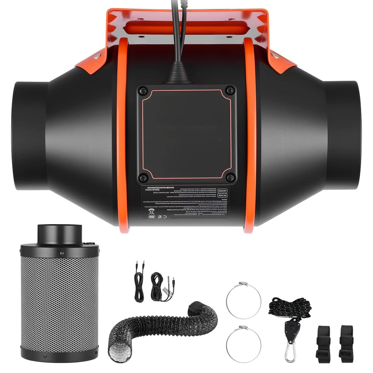 Inline duct fan front view with orange accents, plus filter and wiring accessories