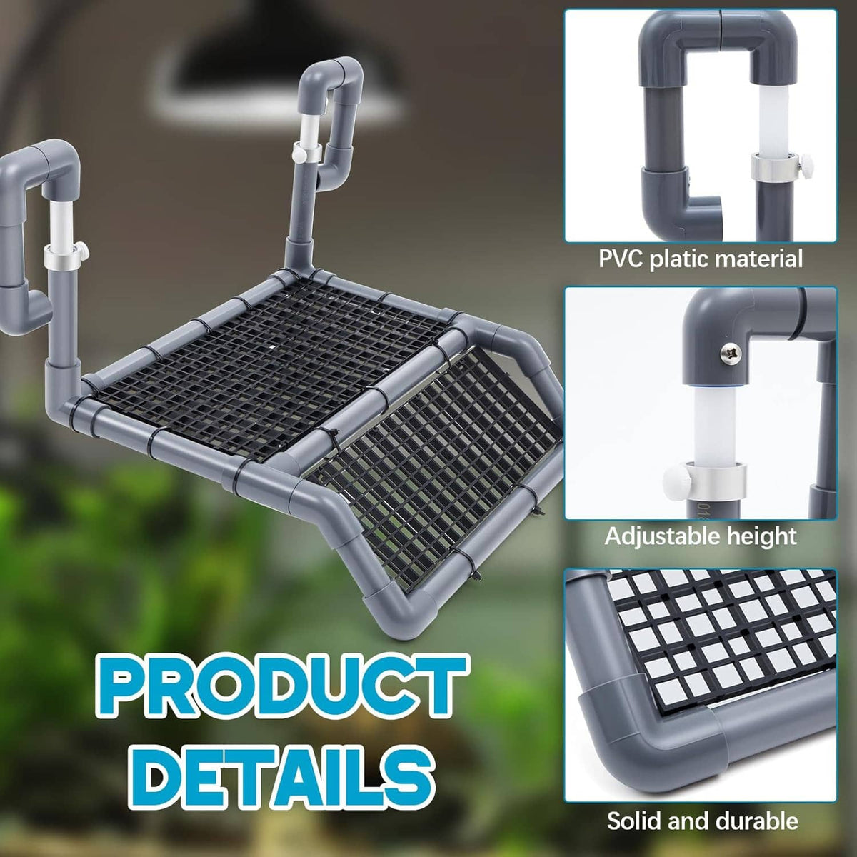 Turtle basking platform detail view showing adjustable height tubes and black mesh grate