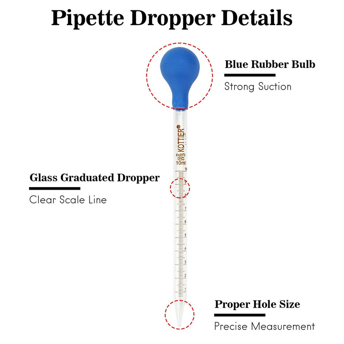 Glass graduated dropper with blue rubber bulb and clear measurement scale line