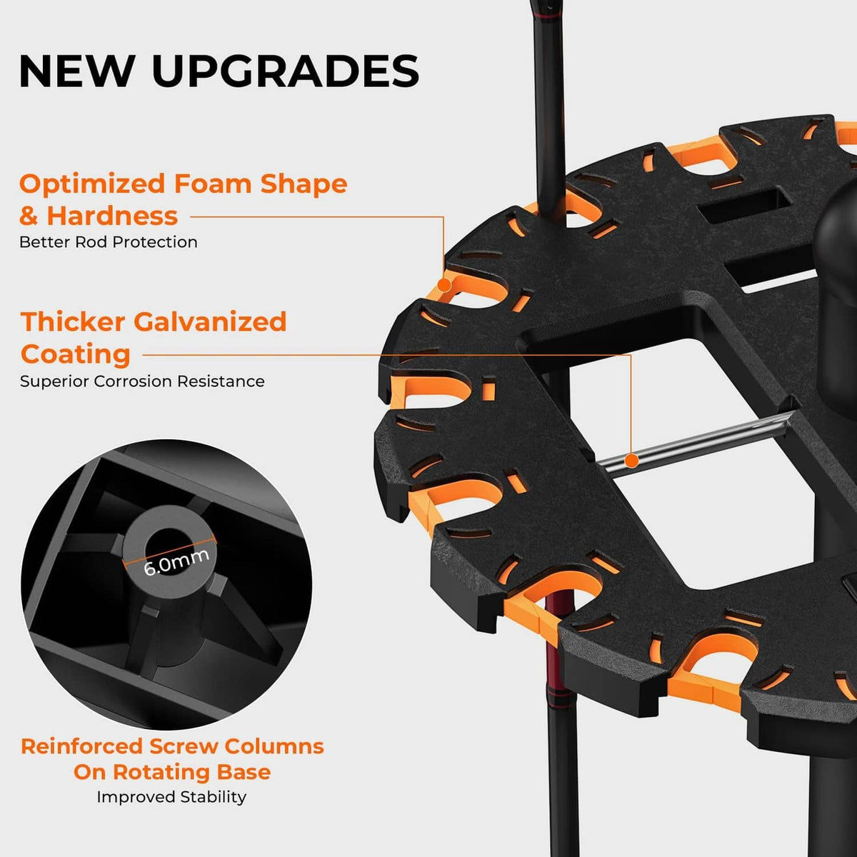 Black fishing rod holder base with orange cutouts and reinforced upright posts
