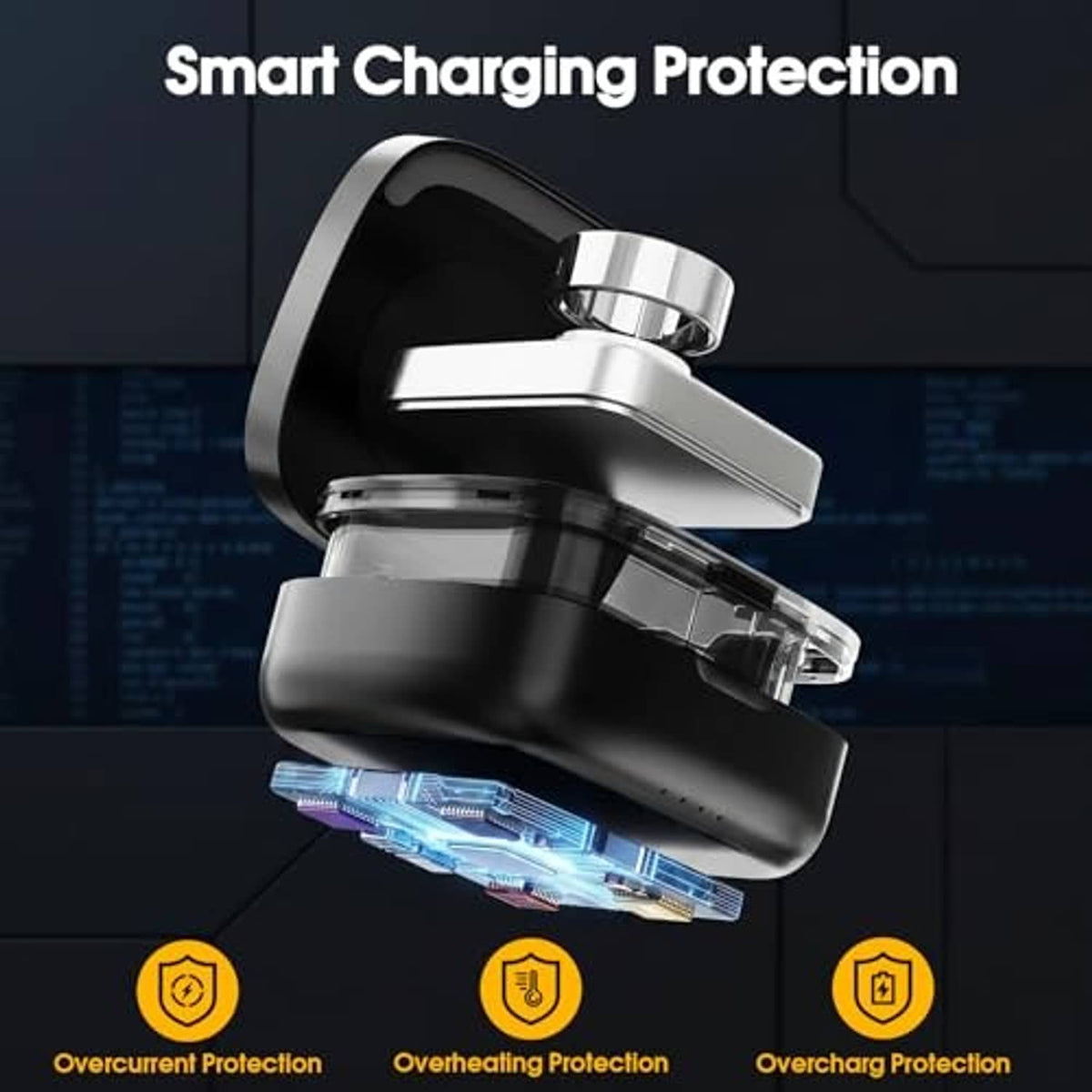 Black charging case with open cradle and glowing charging protection contacts