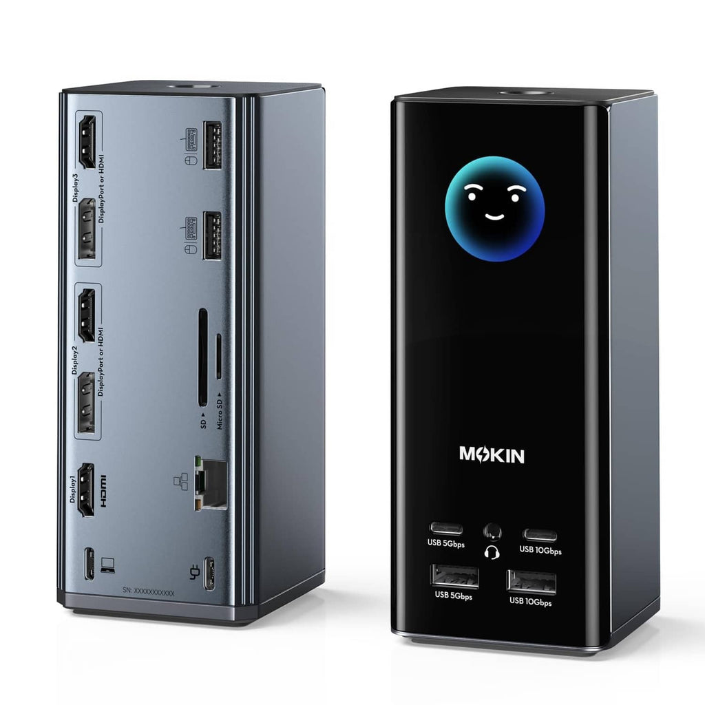 USB-C docking station shown front and back views with port layout, black and gray case