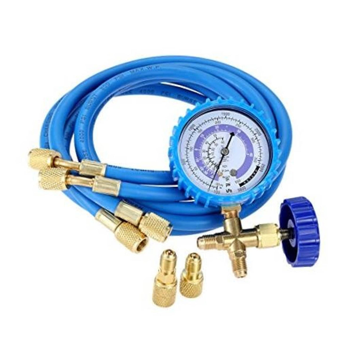 AC refrigerant charging hose kit with blue hose, brass couplers and pressure gauge