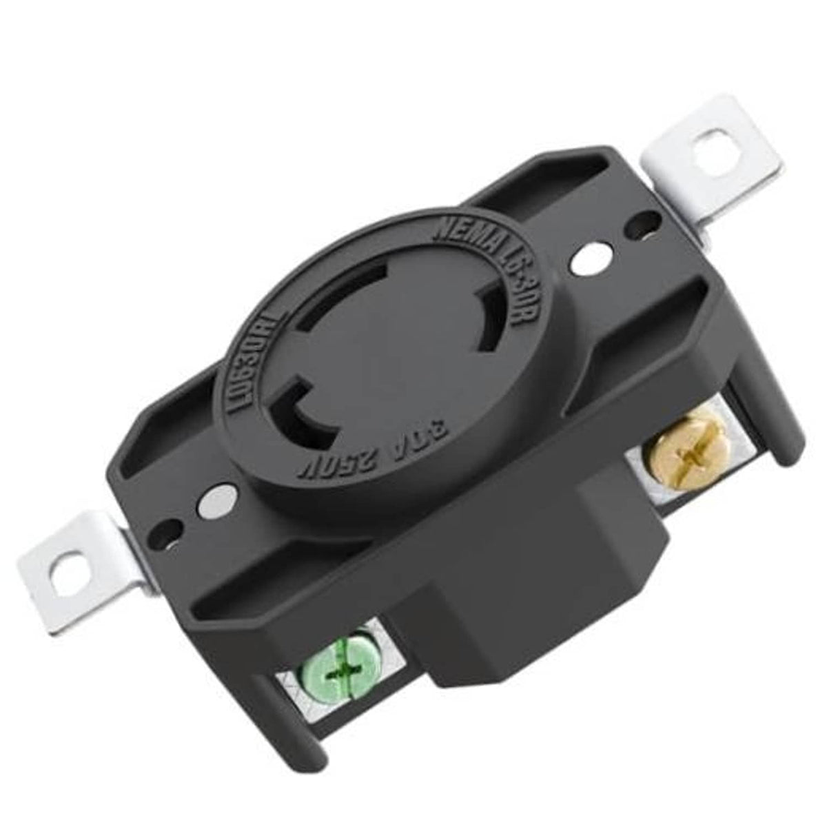 Black NEMA L6-30R locking receptacle with brass terminal and mounting straps