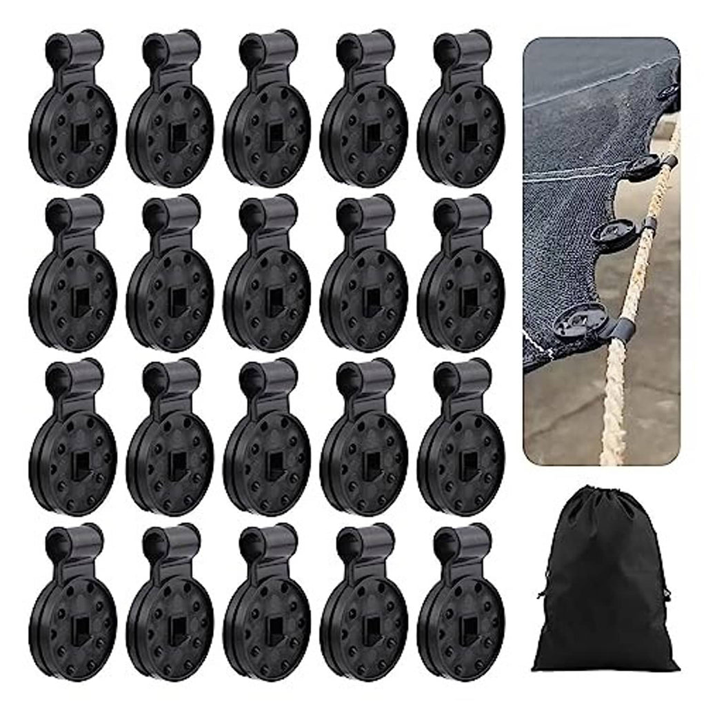 Black heavy-duty plastic net clips set with round lock grips and straps