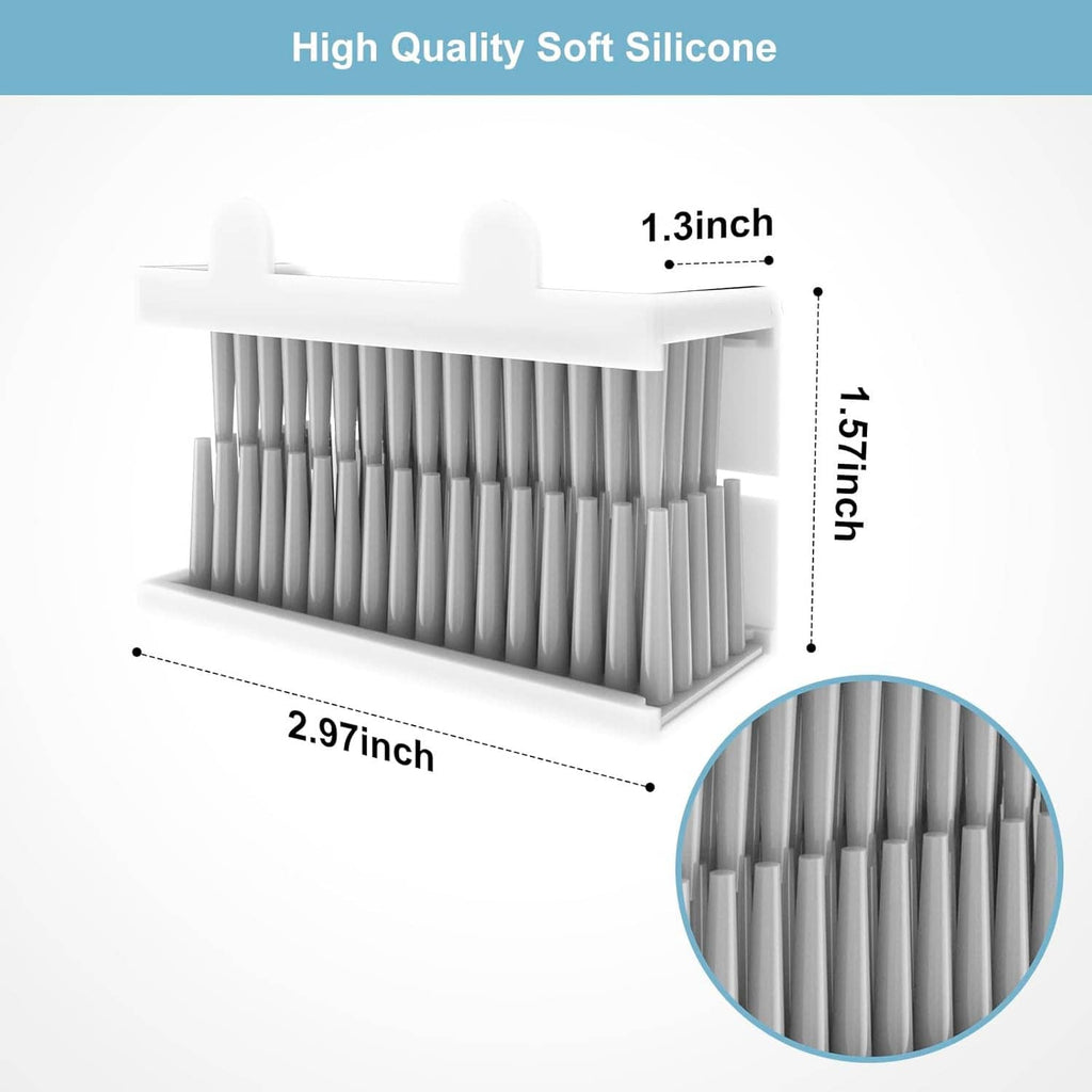 White silicone shower hair catcher with vertical bristles, front view and close-up