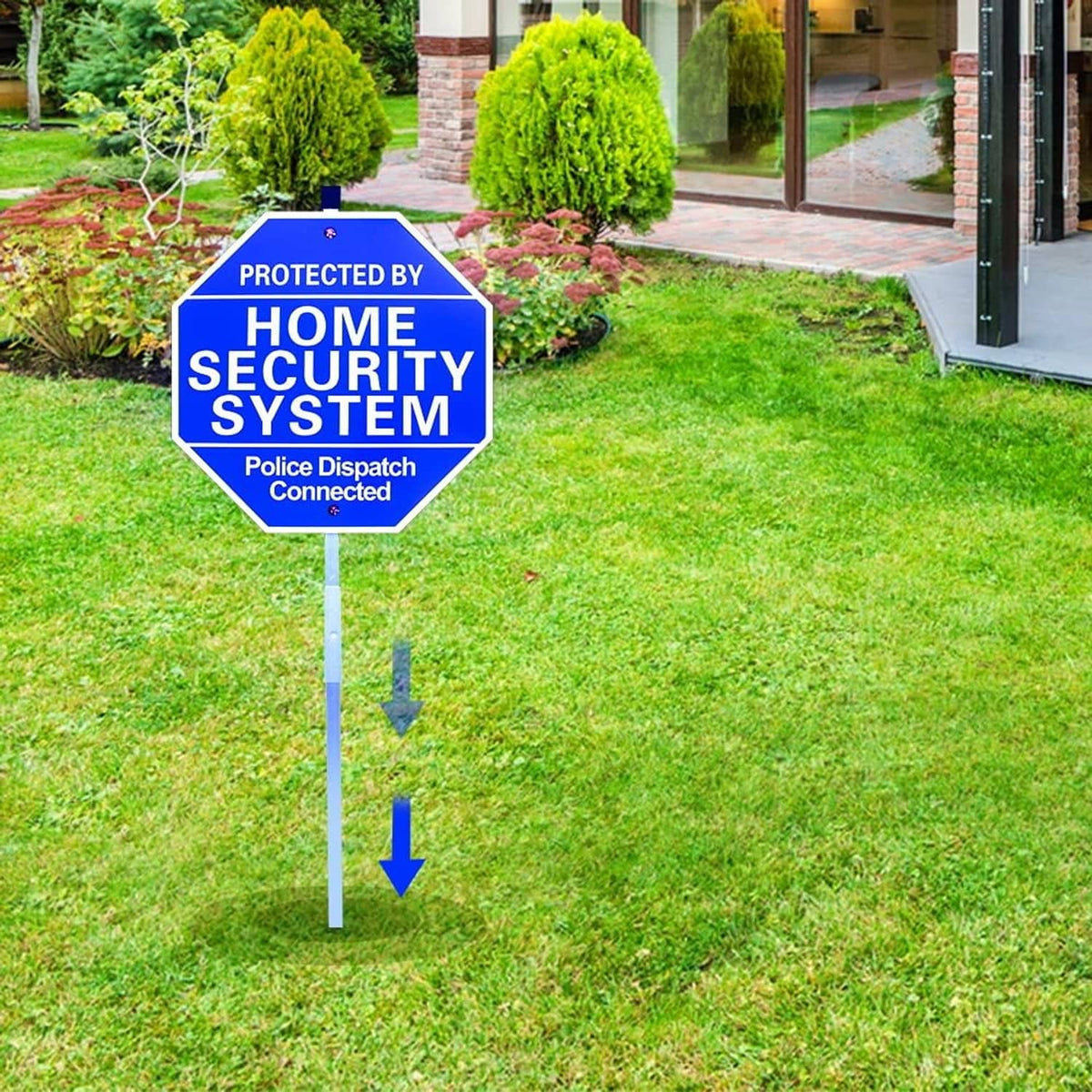 Blue octagon yard security sign on stake with 'HOME SECURITY SYSTEM' in blue lettering