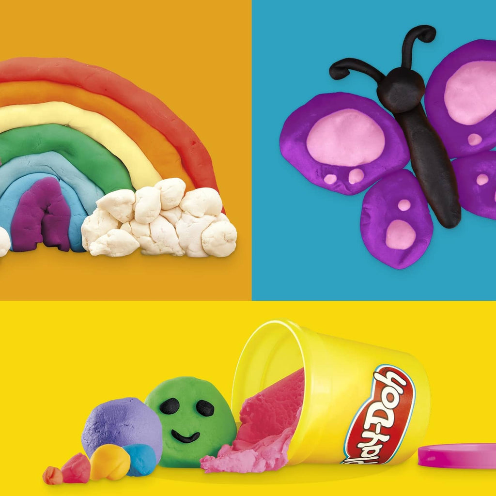 Play-Doh pieces: rainbow clay roll, bug figure, and purple and yellow shapes
