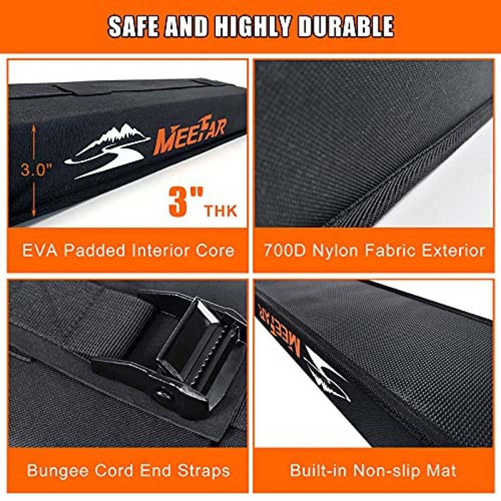 Close-up of black padded roof rack material with non-slip mat and tie-down strap ends