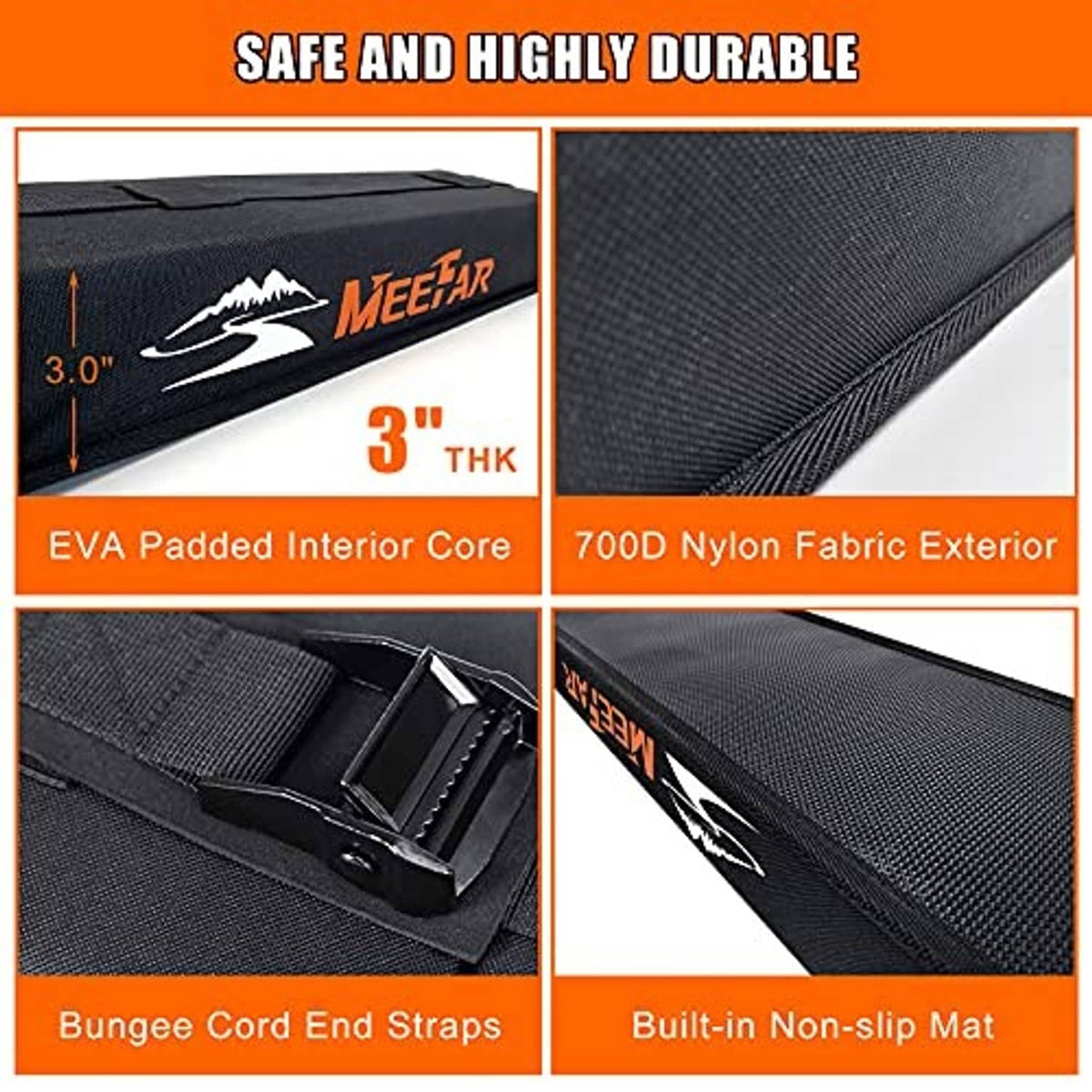 Close-up of black padded roof rack material with non-slip mat and tie-down strap ends