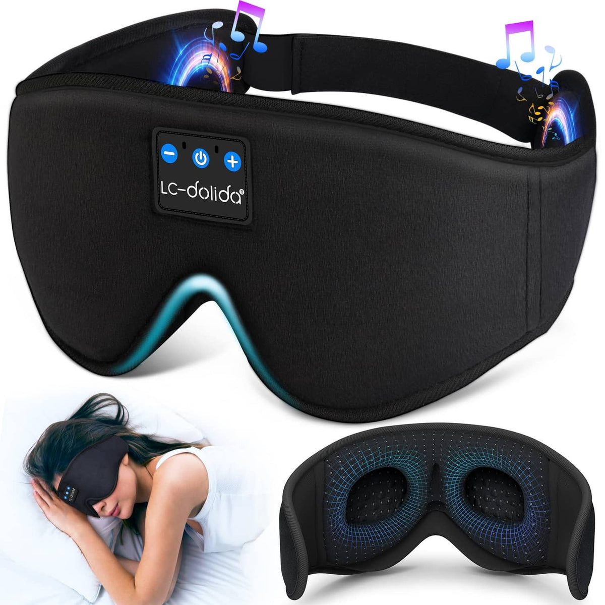 LC-dolida Bluetooth sleep mask, black 3D eye cups with control panel