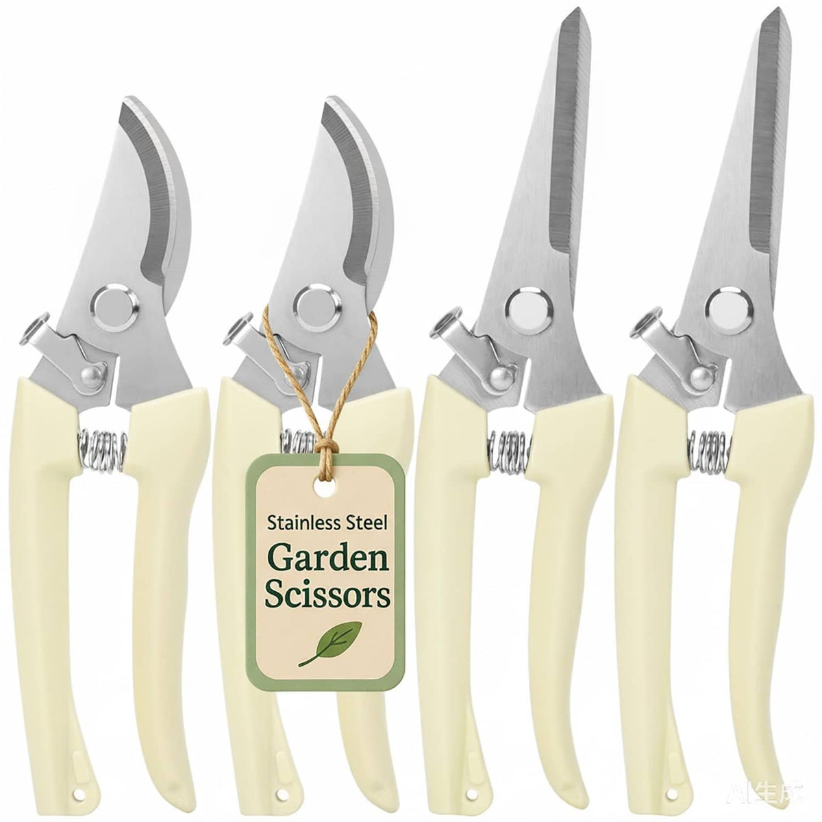 Pruning shears set with cream handles and stainless steel blades, 4-pack