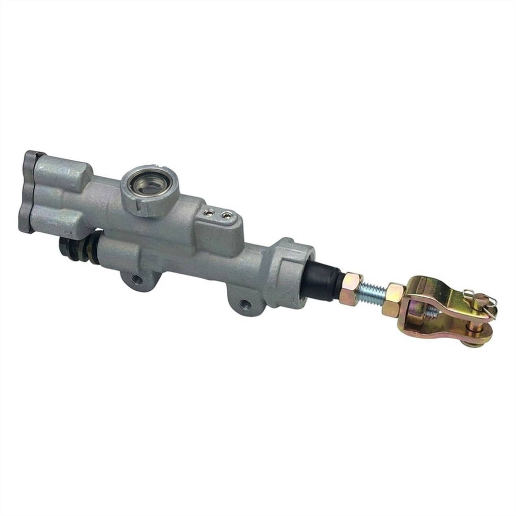 Rear brake master cylinder with gray body, black hose boot, and gold tone clamp