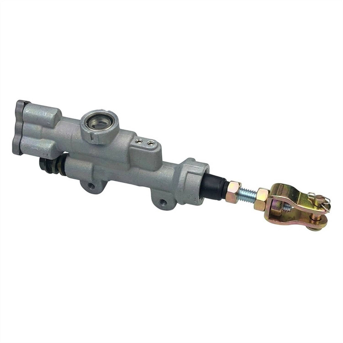 Rear brake master cylinder with gray body, black hose boot, and gold tone clamp