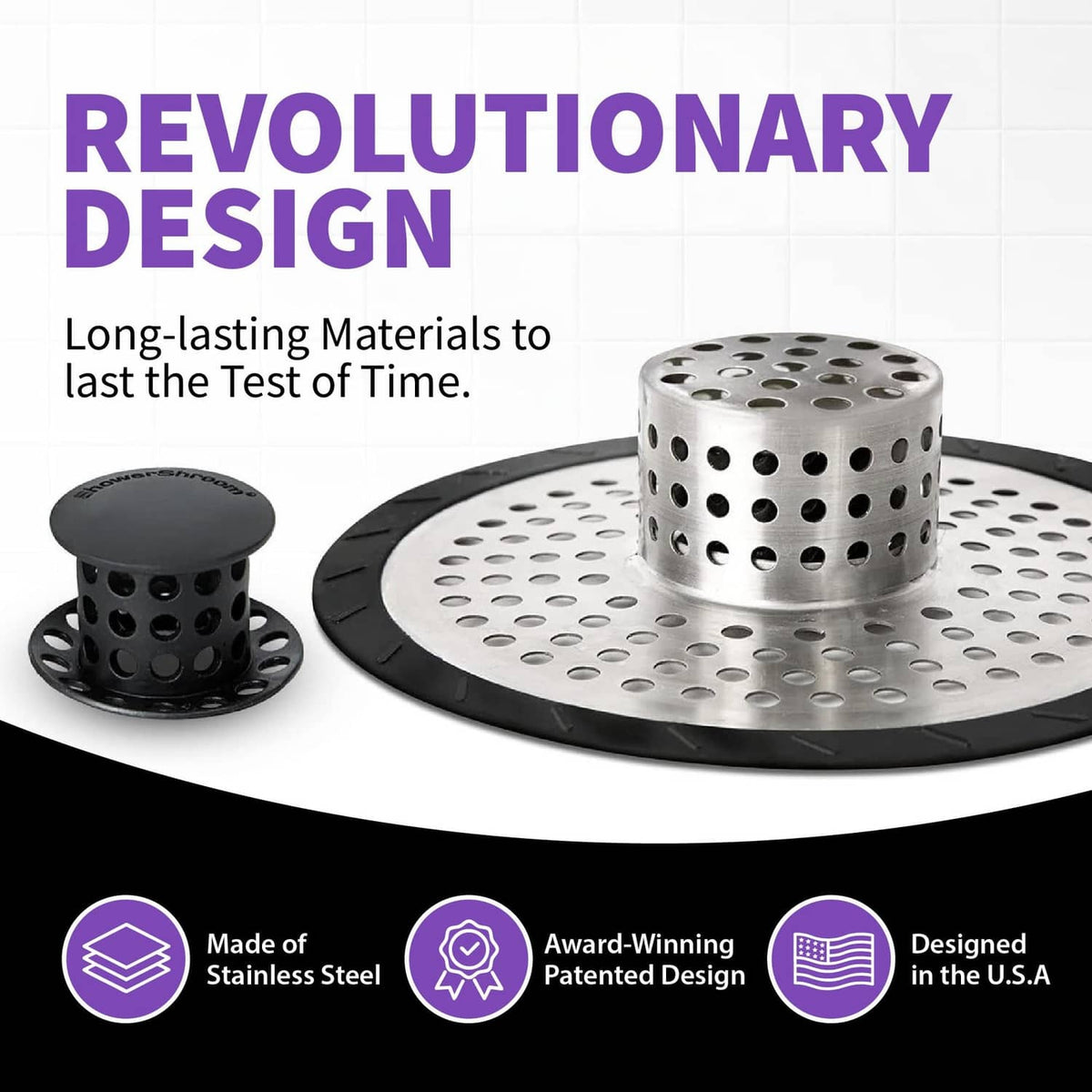 Shower drain hair catcher with stainless perforated funnel and black rim base