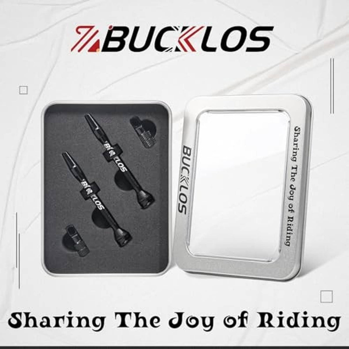 Bucklos valve stem kit shown in metal tin with tools