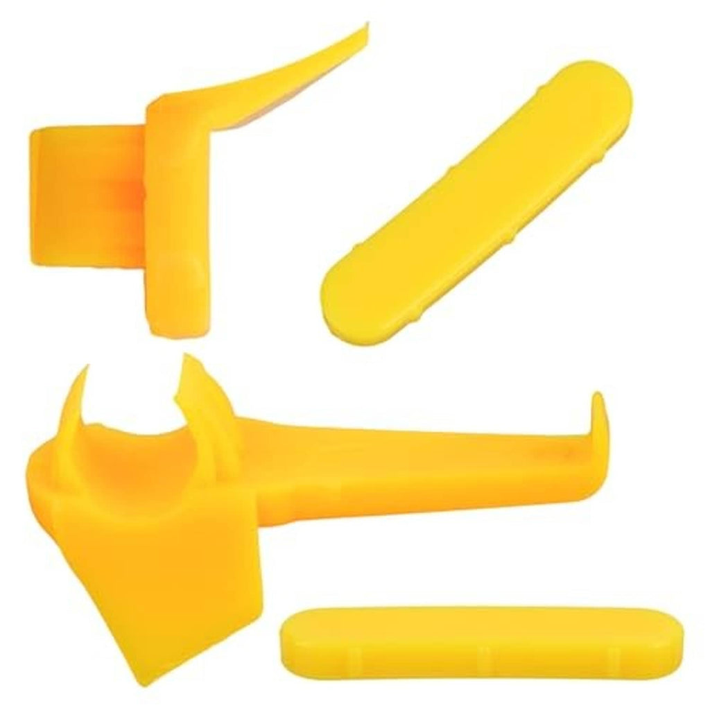 Yellow plastic tire rim protector pieces: duck-head insert, long bar, small bar