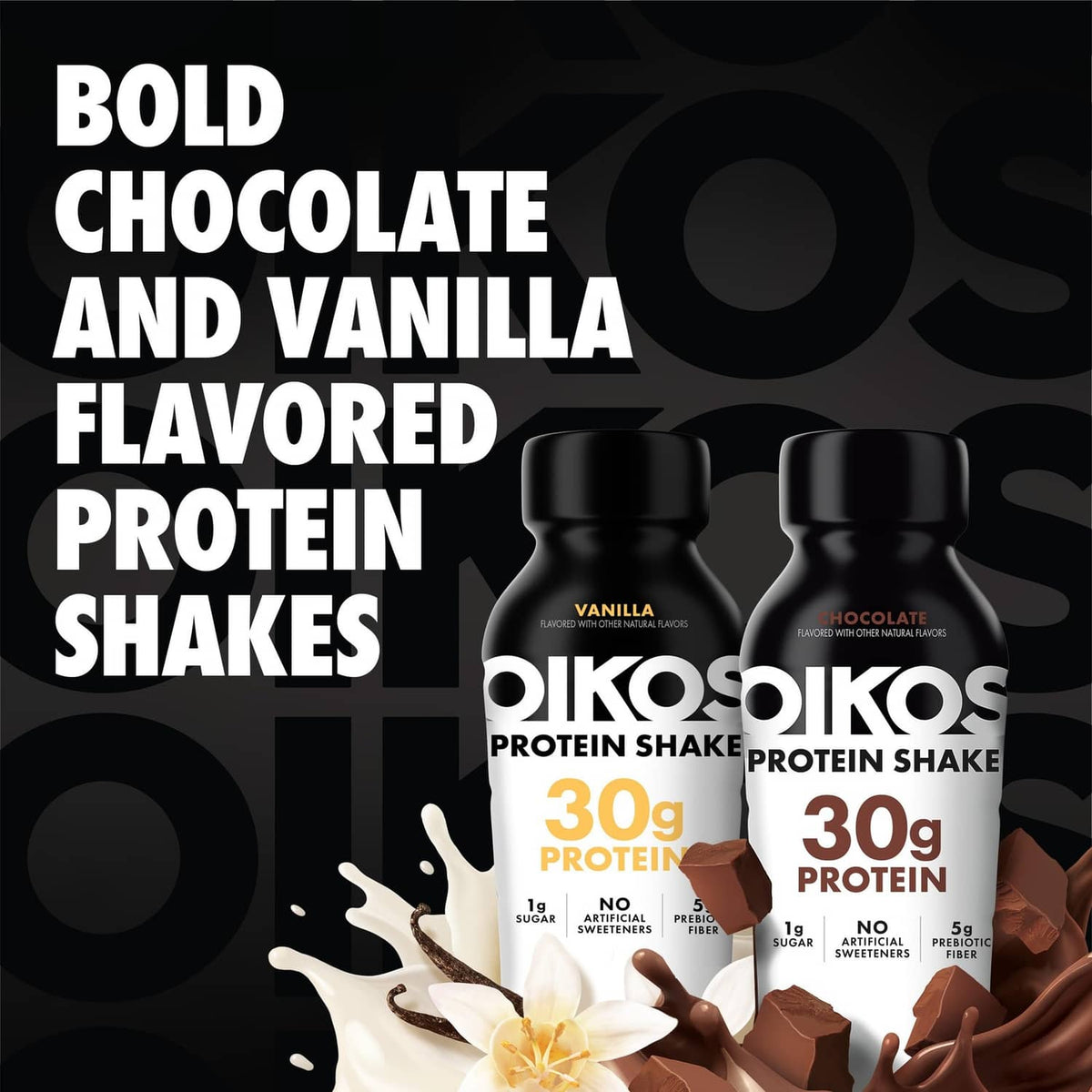 Oikos protein shake bottles with bold chocolate and vanilla flavor styling