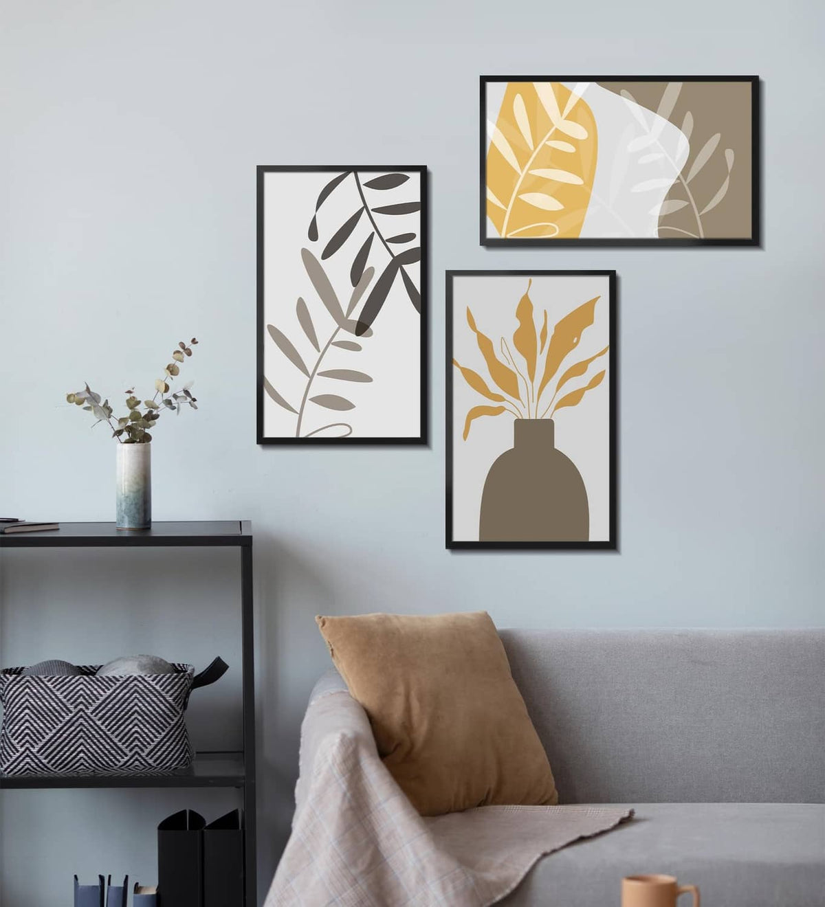 Black 14x22 picture frames on wall, several framed prints with slim borders